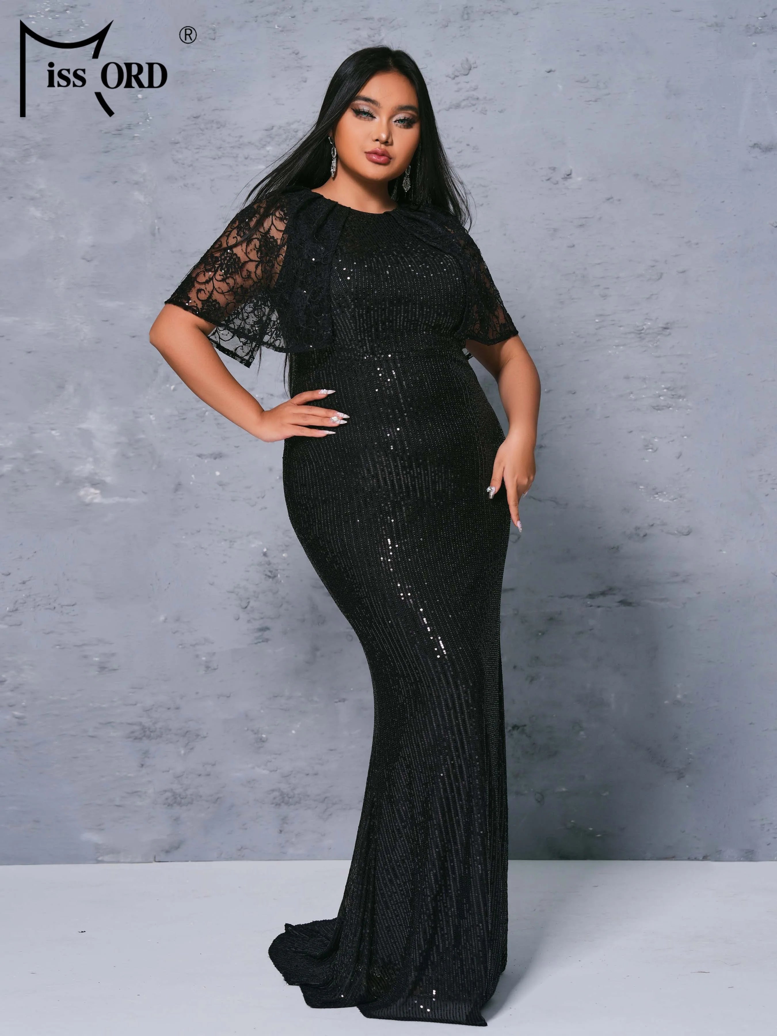 FZ Women's Plus Size Round Necked Sequin Short Sleeved Mermaid Evening Dress