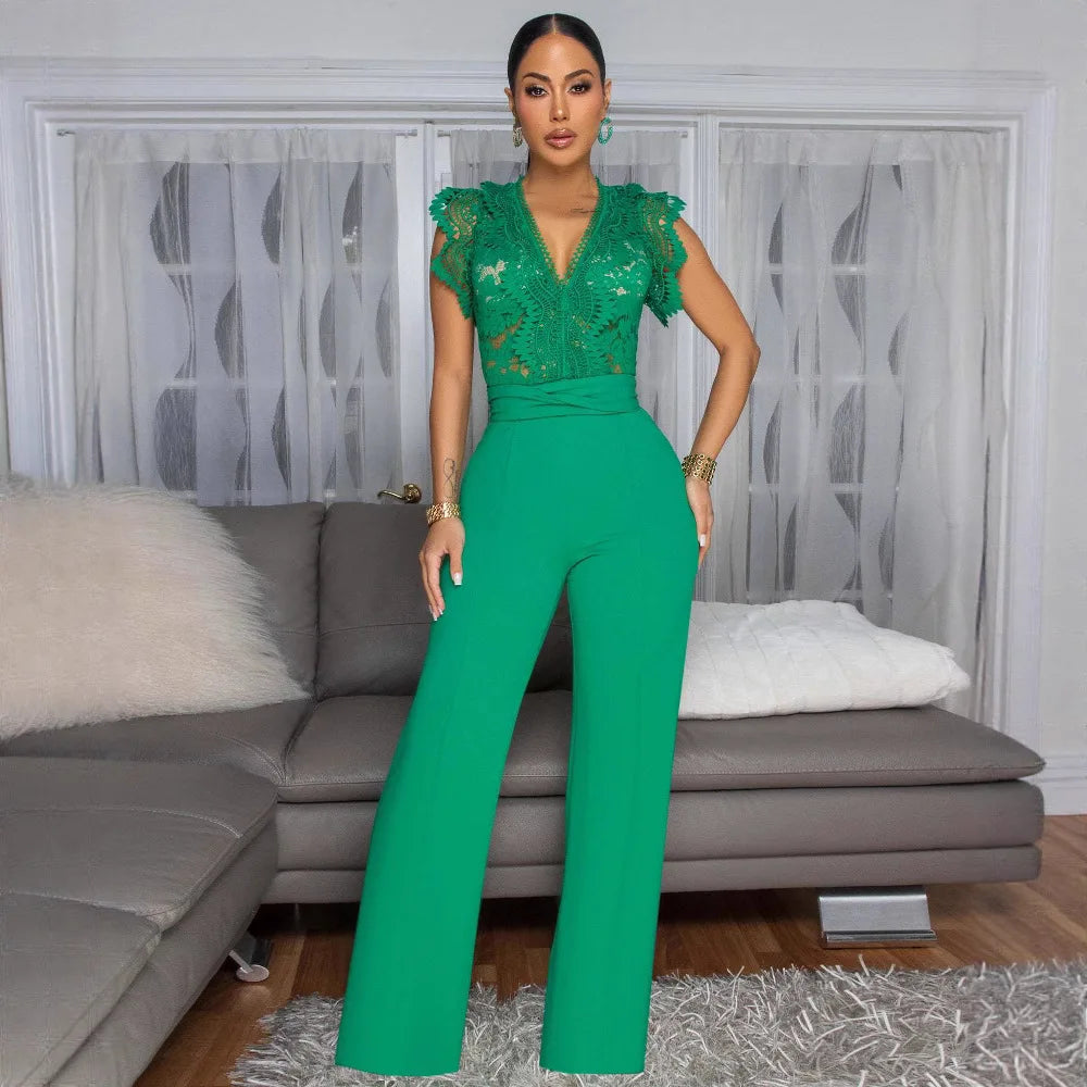 FZ Women's Lace See Though Patchwork Short Sleeve V-neck Jumpsuit