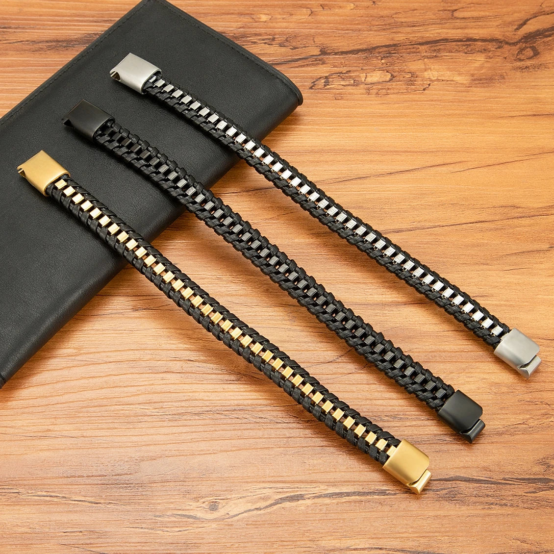 FZ Braided Rope Woven Black Leather Stainless Steel Bracelet - FZwear