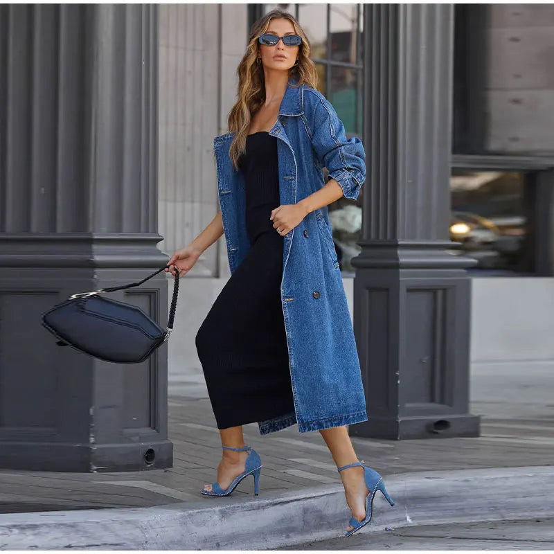 FZ Women's Belt Vintage Double Breasted Turndown Collar Denim Long Jacket - FZwear