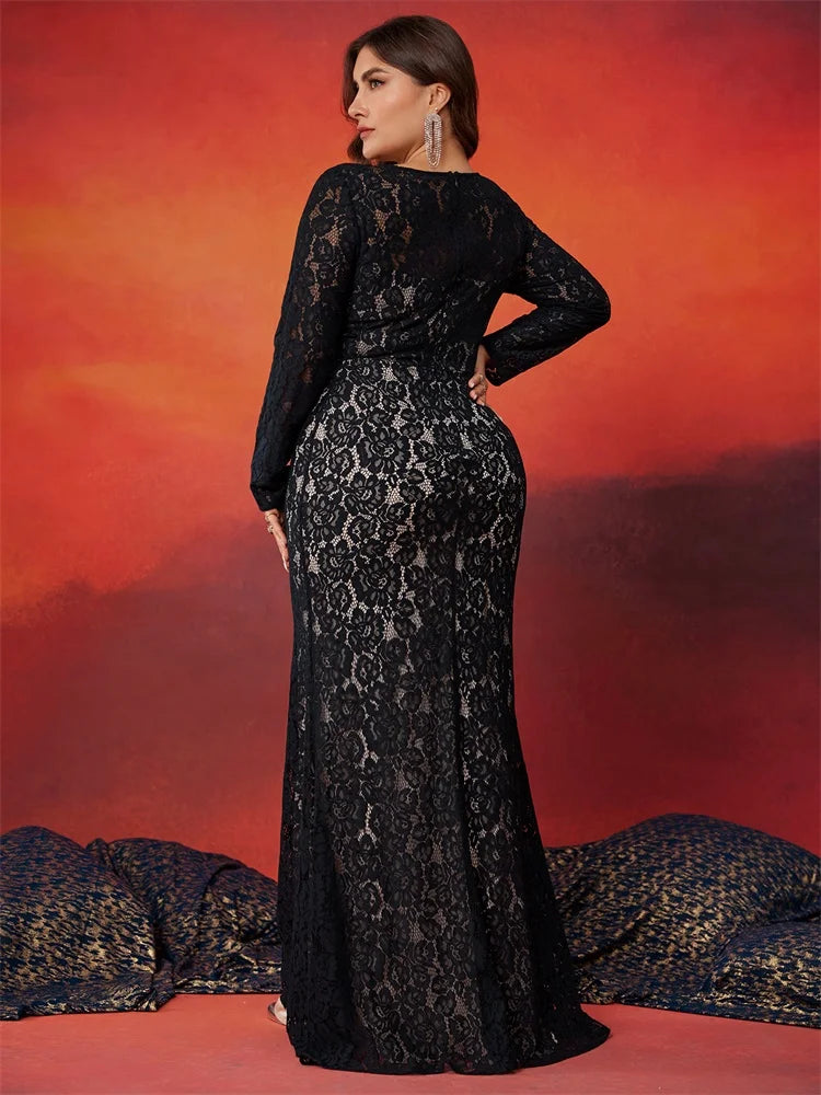 FZ Women's Plus Size Elegant Long Sleeves Mermaid Maxi Evening Dress