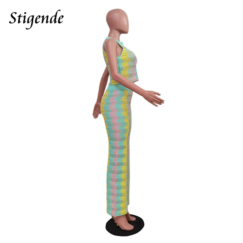 FZ Women's Striped Wave Knit Two Piece Hollow Out Swimsuit Cover up DSers