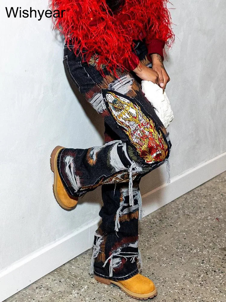 FZ Women's Embroidery Print Hole Stretch Cargo Denim Pants DSers