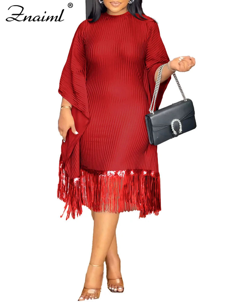 FZ Women's Batwing Sleeve Tassel Slim Midi Evening Dress