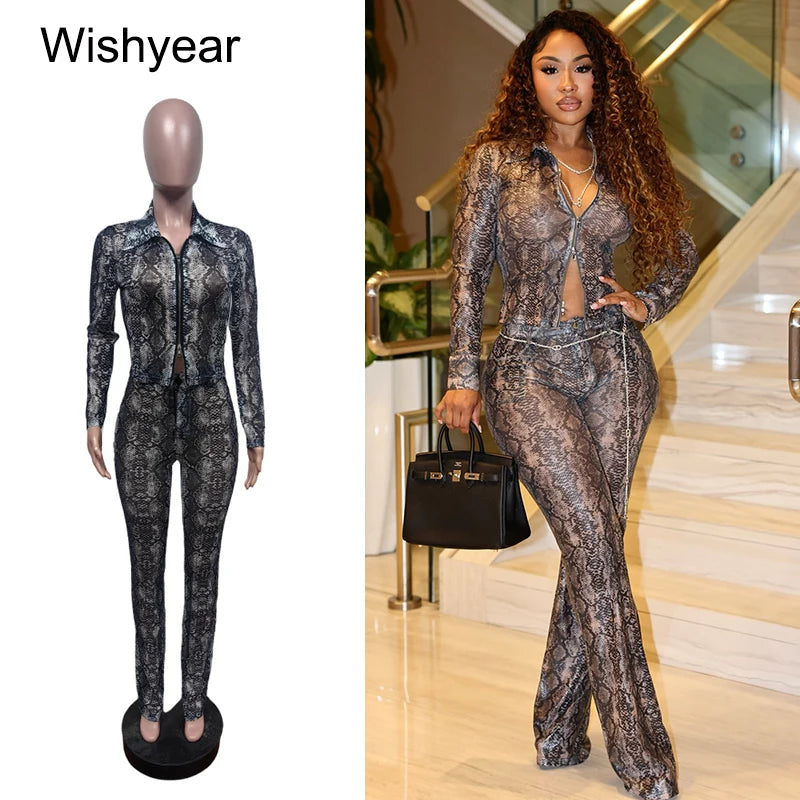 FZ Women's Snake Pattern Full Sleeve Skinny Two Piece Pants Suit