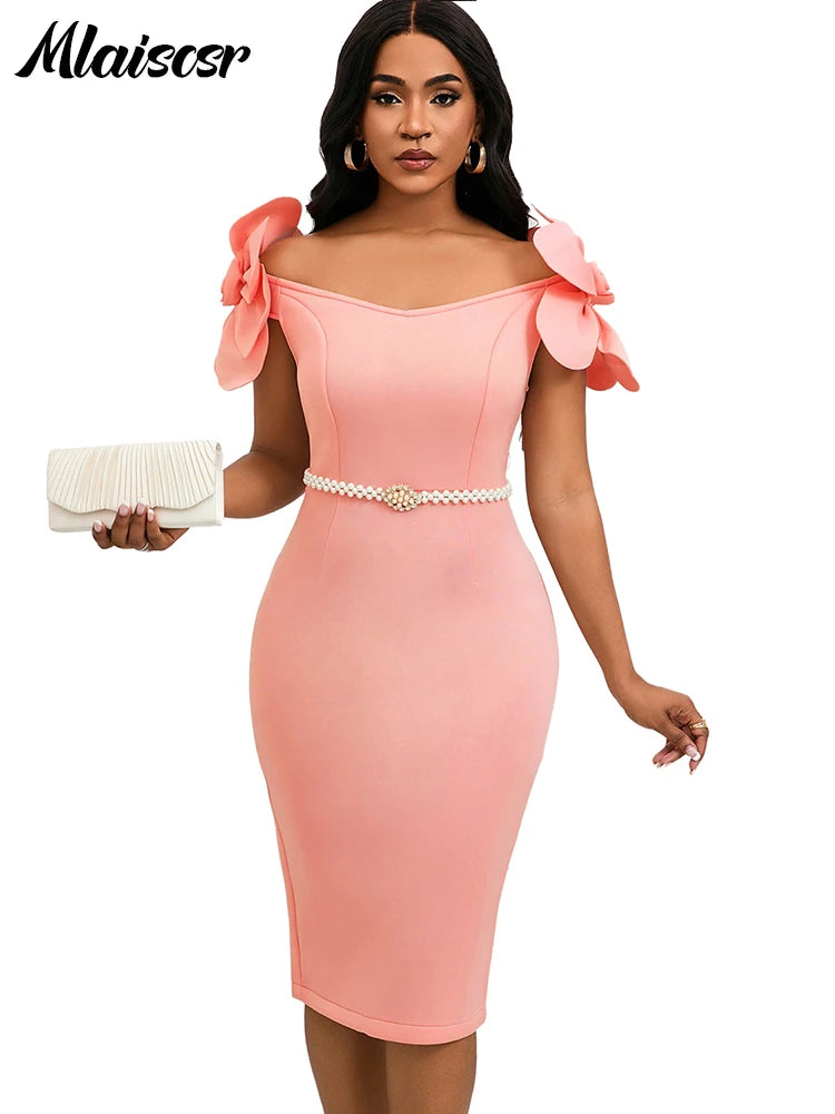 FZ Women's Off the Shoulder Petal Sleeve Mid with Sashes Evening Dress