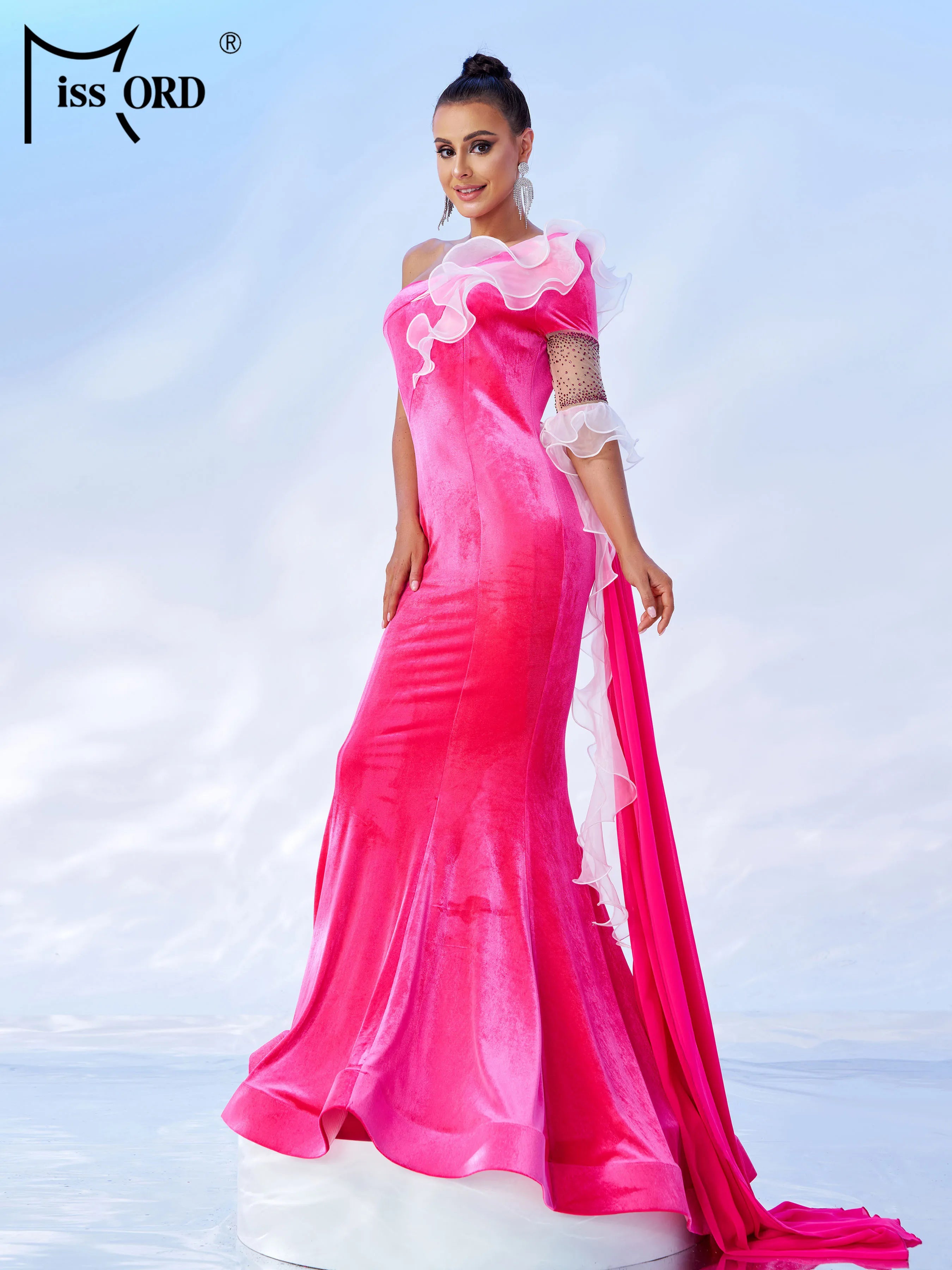 FZ Women's One Shoulder Asymmetrical Velvet Floor Length Evening Dress