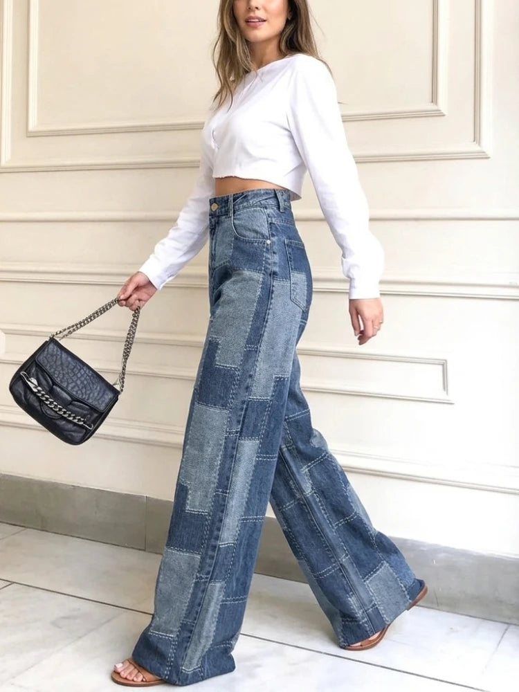 FZ Women's Plaid Contrast Loose Buttoned High Waist Wide Leg Imitation Denim Pants