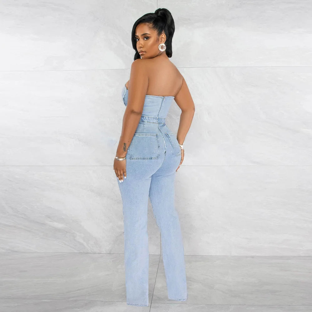 FZ Women's Sexy V Neck Denim Off Shoulder Wide Leg Jumpsuit - FZwear