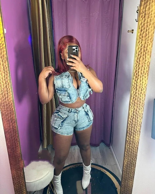 FZ Women's Stretch Sexy Tight Streetwear 2 Piece Denim Shorts Suit - FZwear