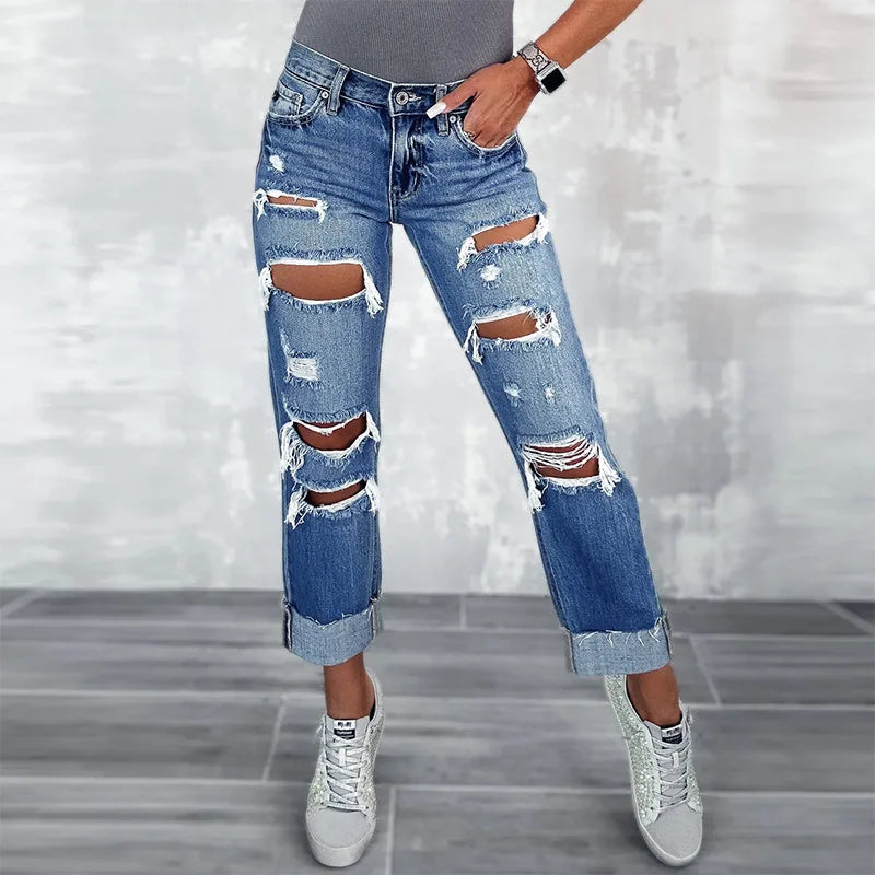 FZ Women's Ripped High Waist Fashion Hole Wash Denim Pants - FZwear