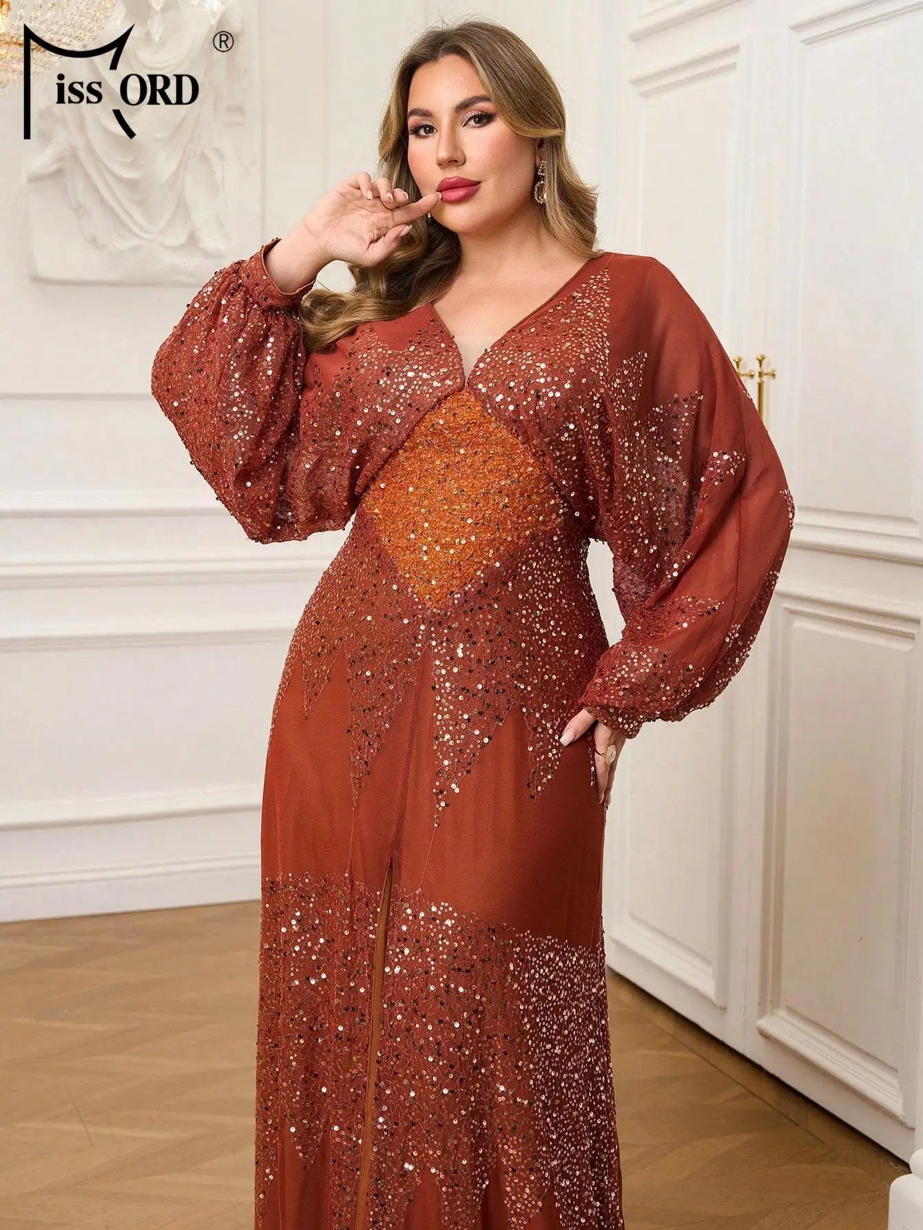 FZ Women's Plus Size V Neck Lantern Sleeve Sequin Evening Dress