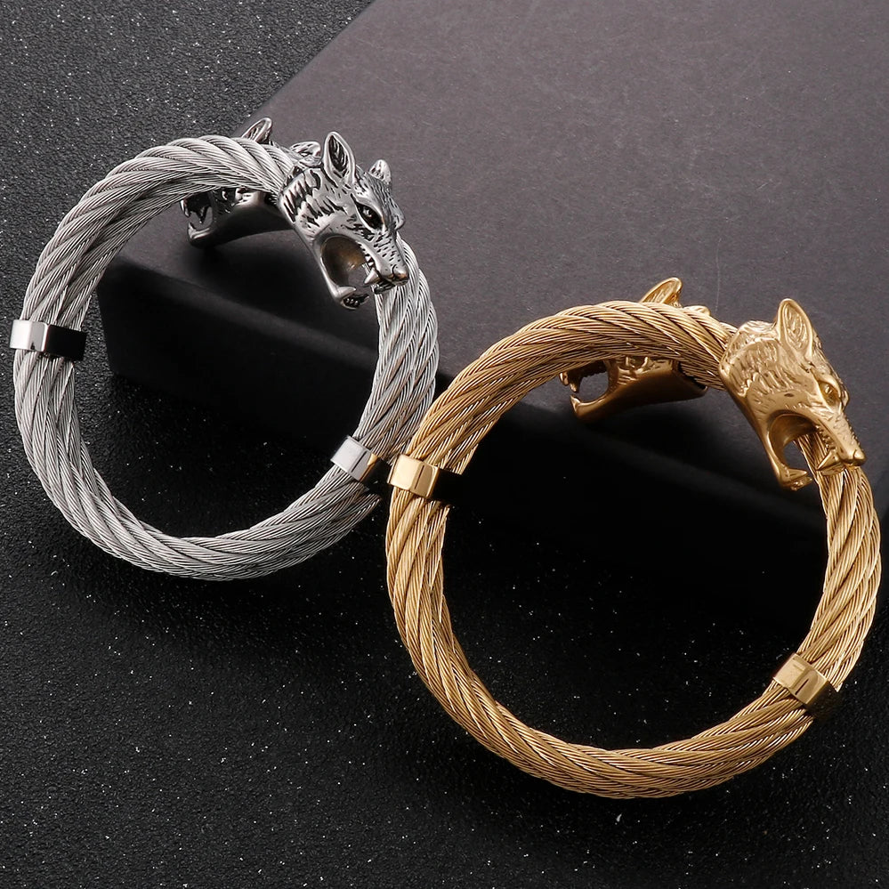 FZ Retro Elastic Wolf Head Open Cuff Twist Chain Stainless Steel Bracelet - FZwear