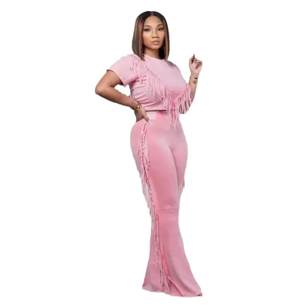 FZ Women's Solid Tassel 2 Piece High Waist Streetwear Flare Pants Suit