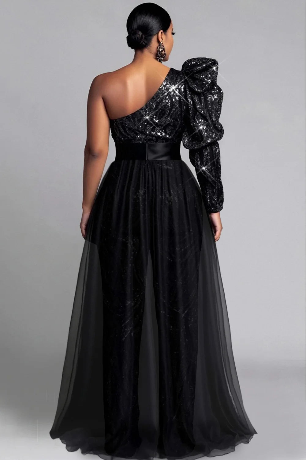 FZ Women's Plus Size One Shoulder Long Sleeve Peplum Sequin Jumpsuit