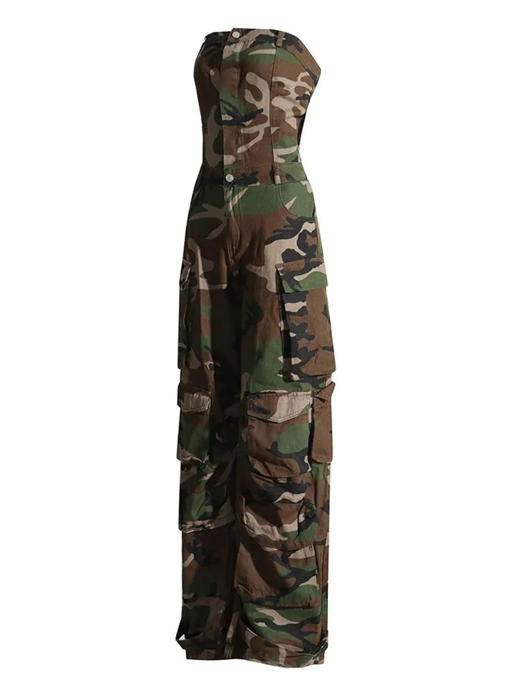 FZ Women's Camouflage Cargo Strapless High Waist Spliced Pockets Jumpsuit - FZwear