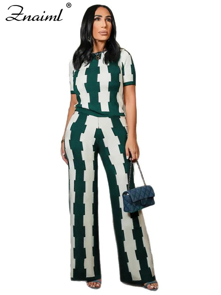 FZ Women's Striped Print Short Sleeve Wide Leg 2 Piece Pants Suit