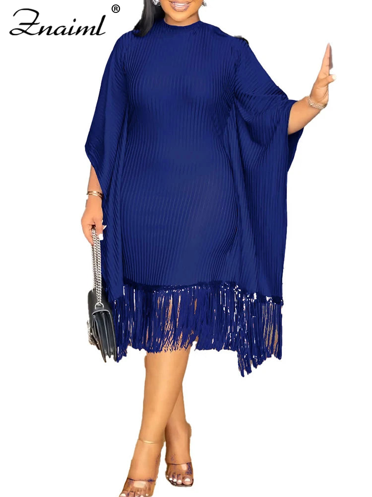 FZ Women's Batwing Sleeve Tassel Slim Midi Evening Dress