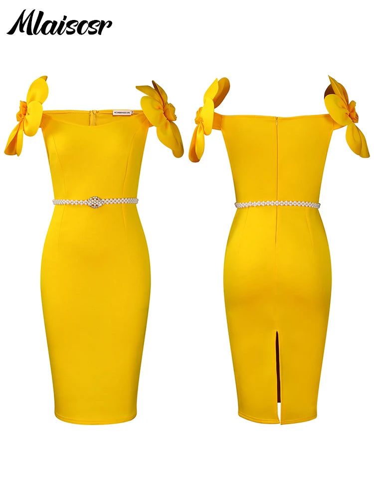 FZ Women's Off the Shoulder Petal Sleeve Mid with Sashes Evening Dress