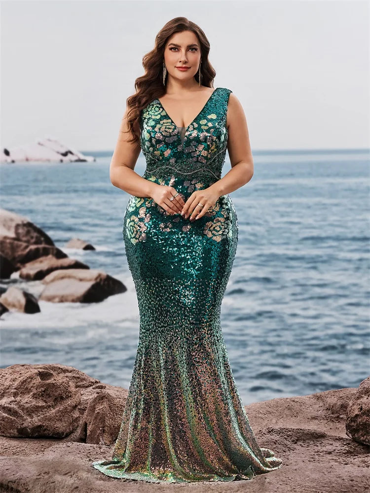 FZ Women's Plus Size V-Neck Mermaid Cocktail Sequins Evening Dress