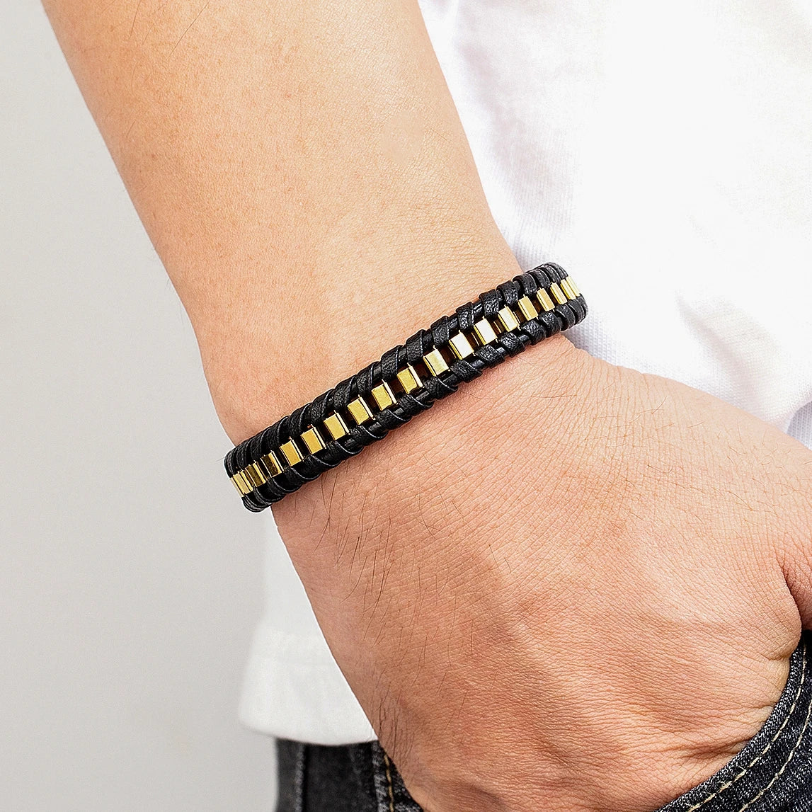 FZ Braided Rope Woven Black Leather Stainless Steel Bracelet - FZwear