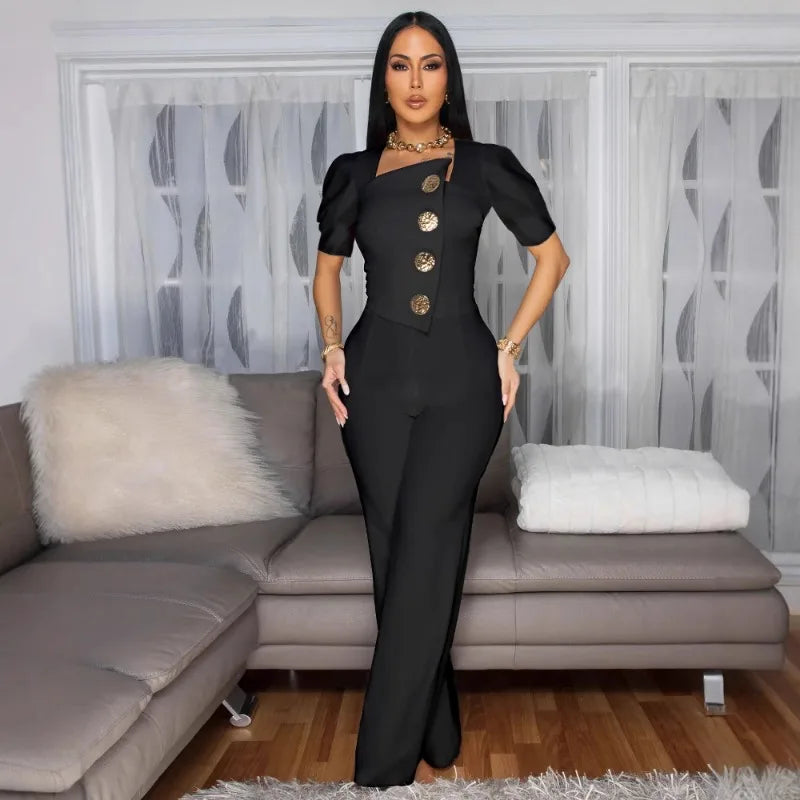 FZ Women's Button Front Puff Short Sleeve Wide Leg One Piece Jumpsuit