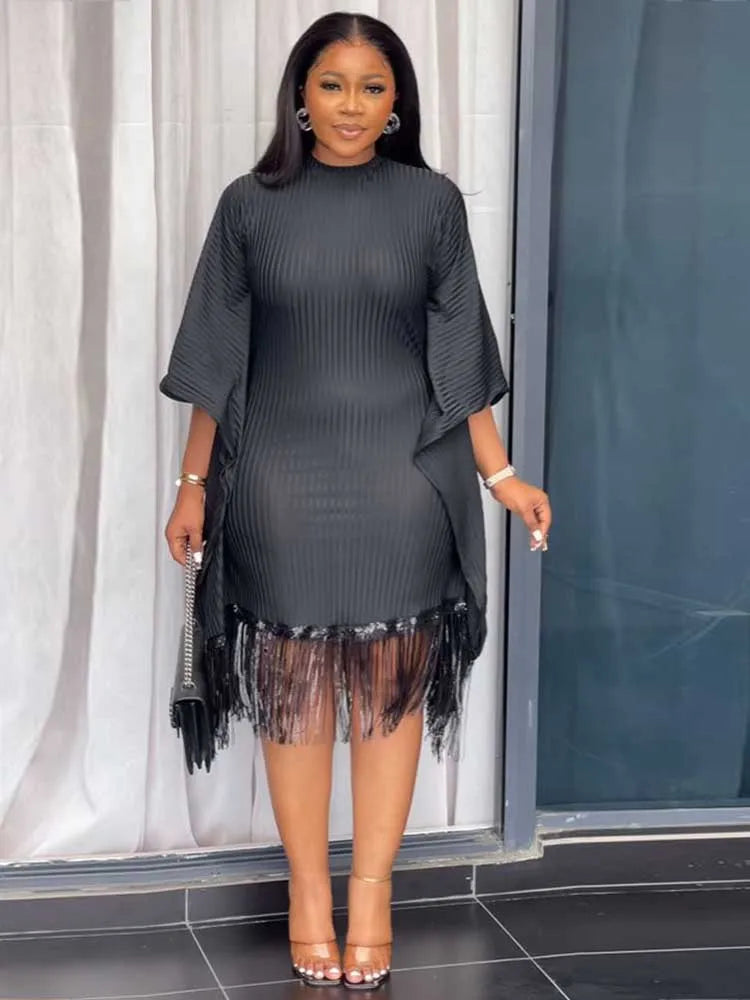 FZ Women's Tassel Sequin Stretchy Batwing Sleeves French Style Knitted Dress