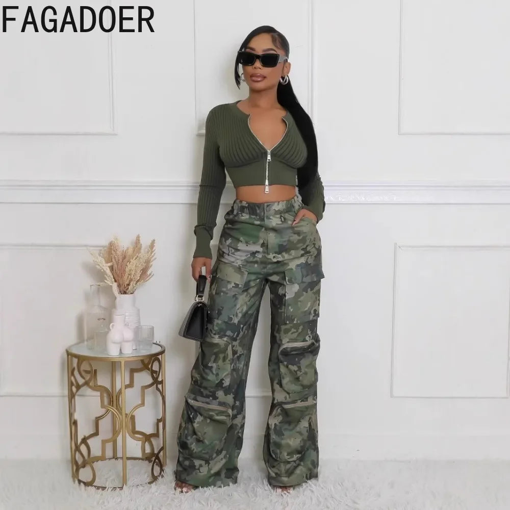FZ Women's Camouflage High Waist Cargo Pocket Streetwear Wide Leg Pants