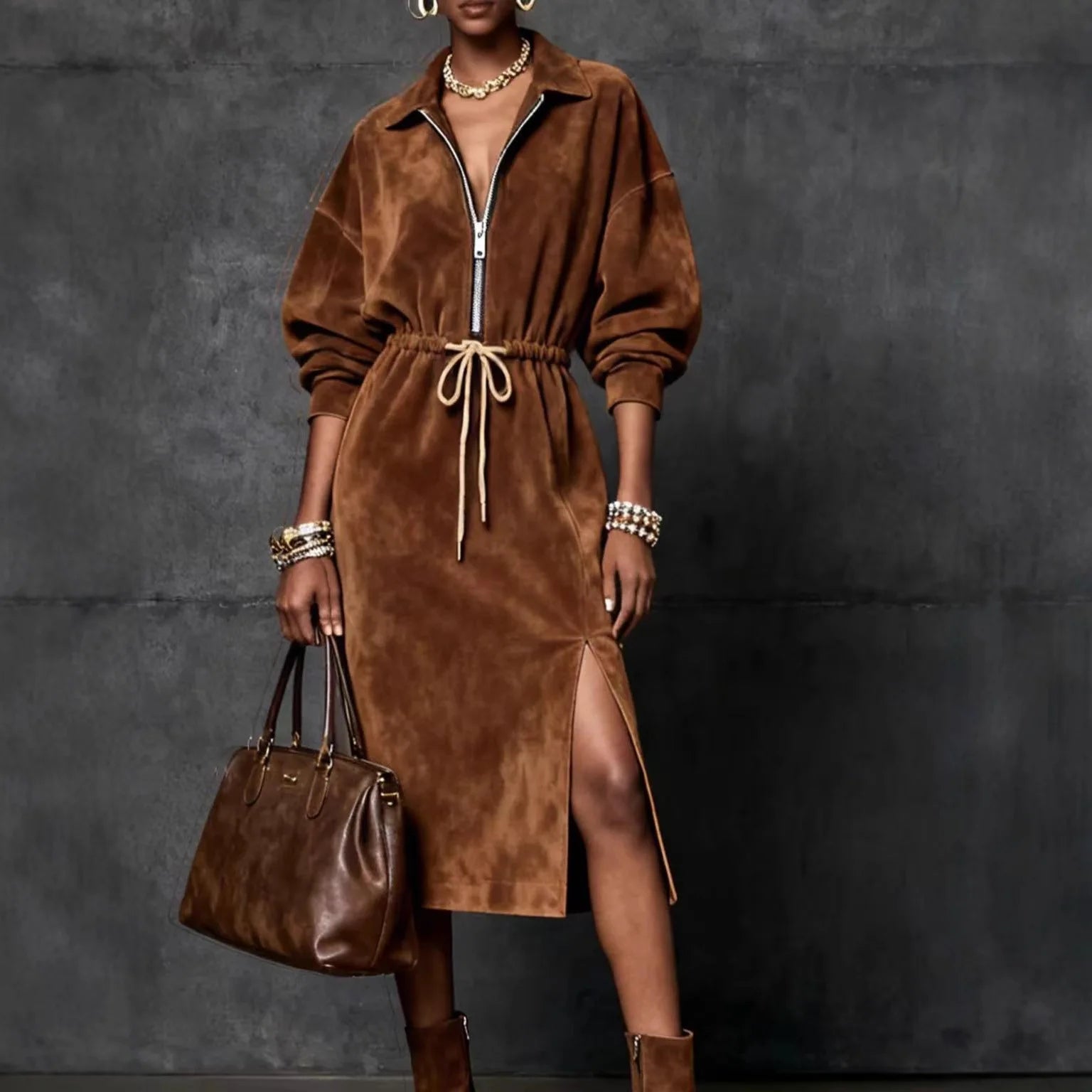 FZ Women's Suede Velvet Drawstring Solid Vintage Split Hem Midi Dress