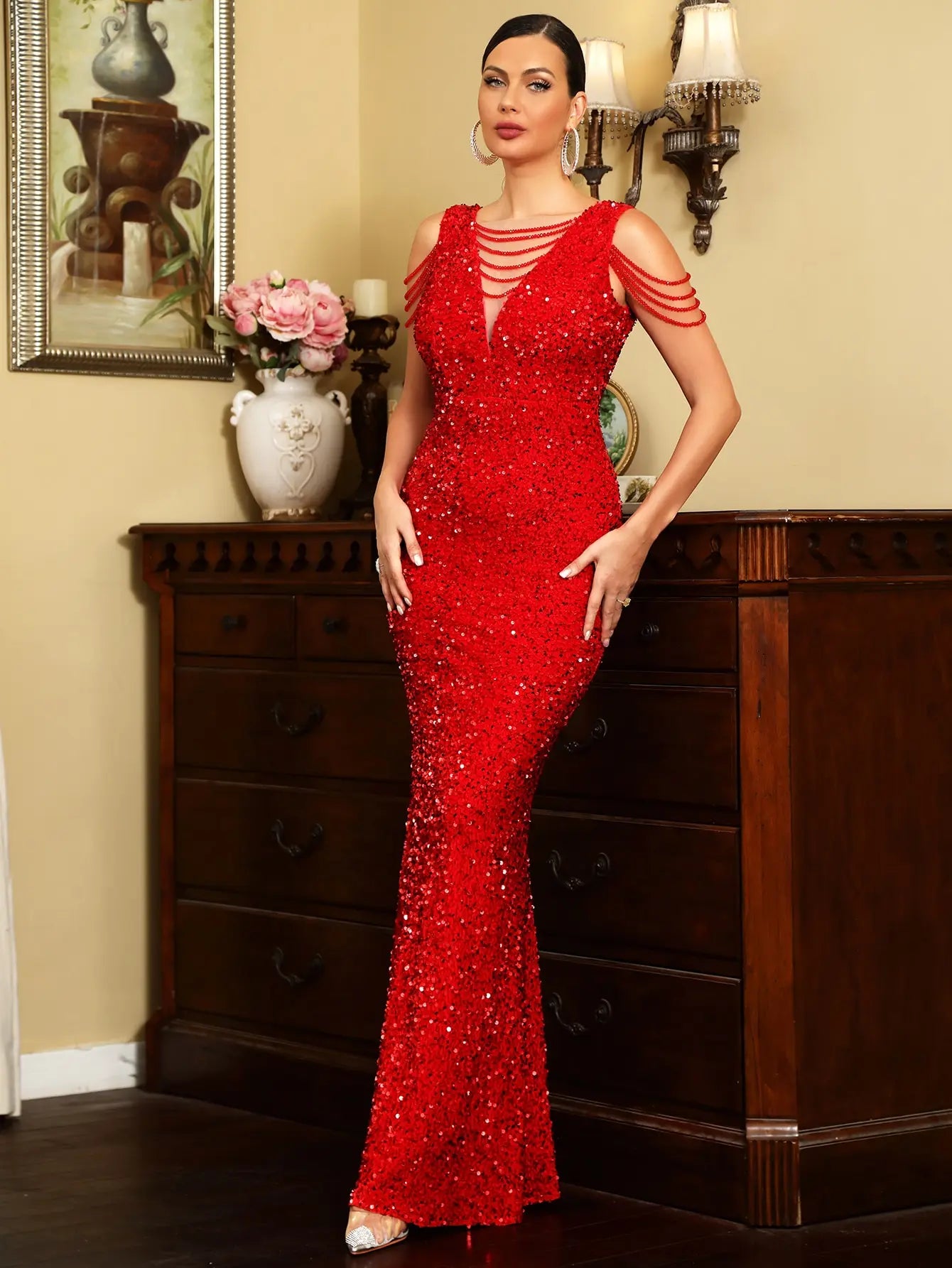 FZ Women's V Neck Beading Ladder Cut Out Sequin Maxi Evening Dress