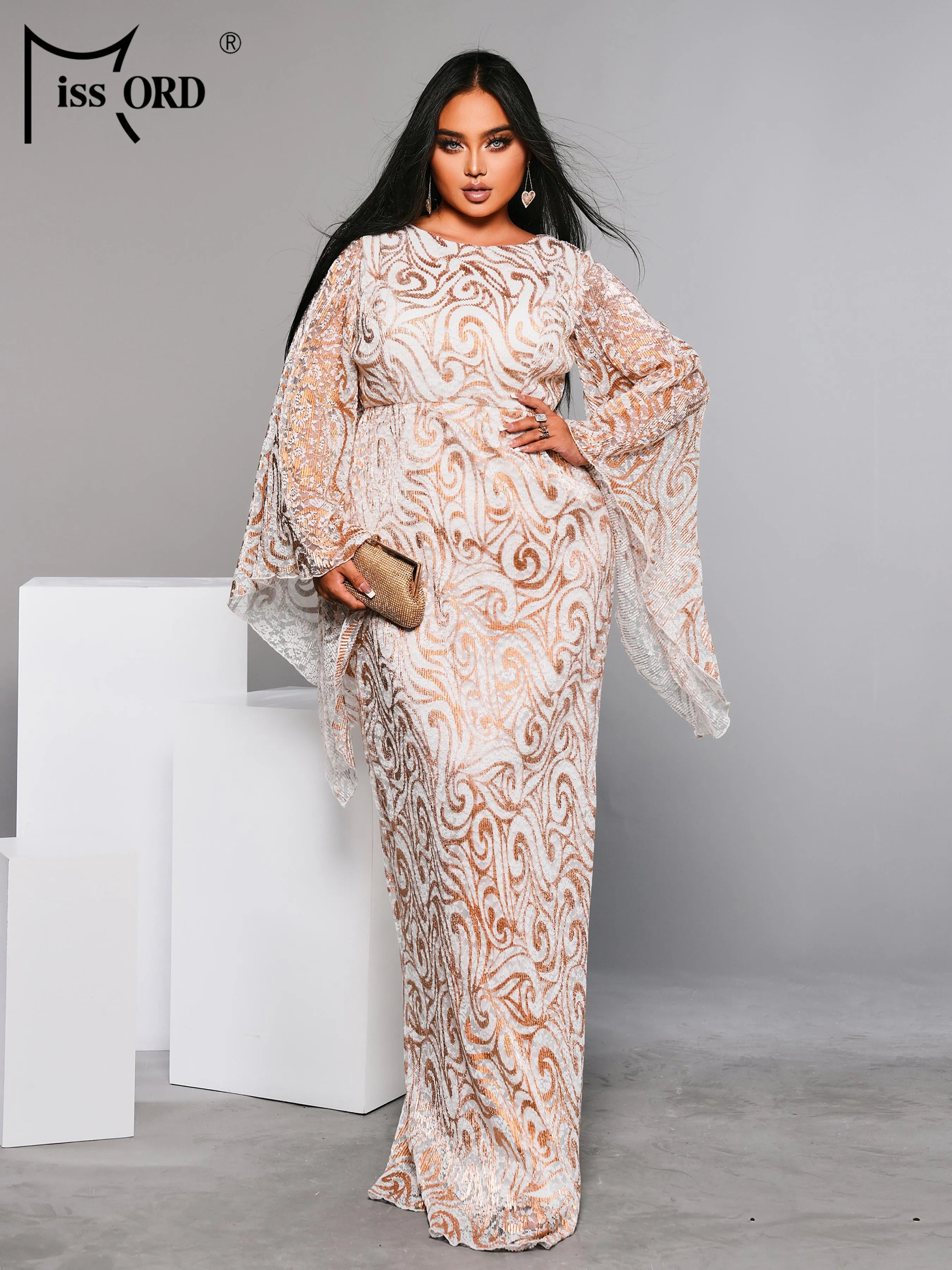 FZ Women's Plus Size Round Neck Flare Sleeve Geometric Sequin Evening Dress