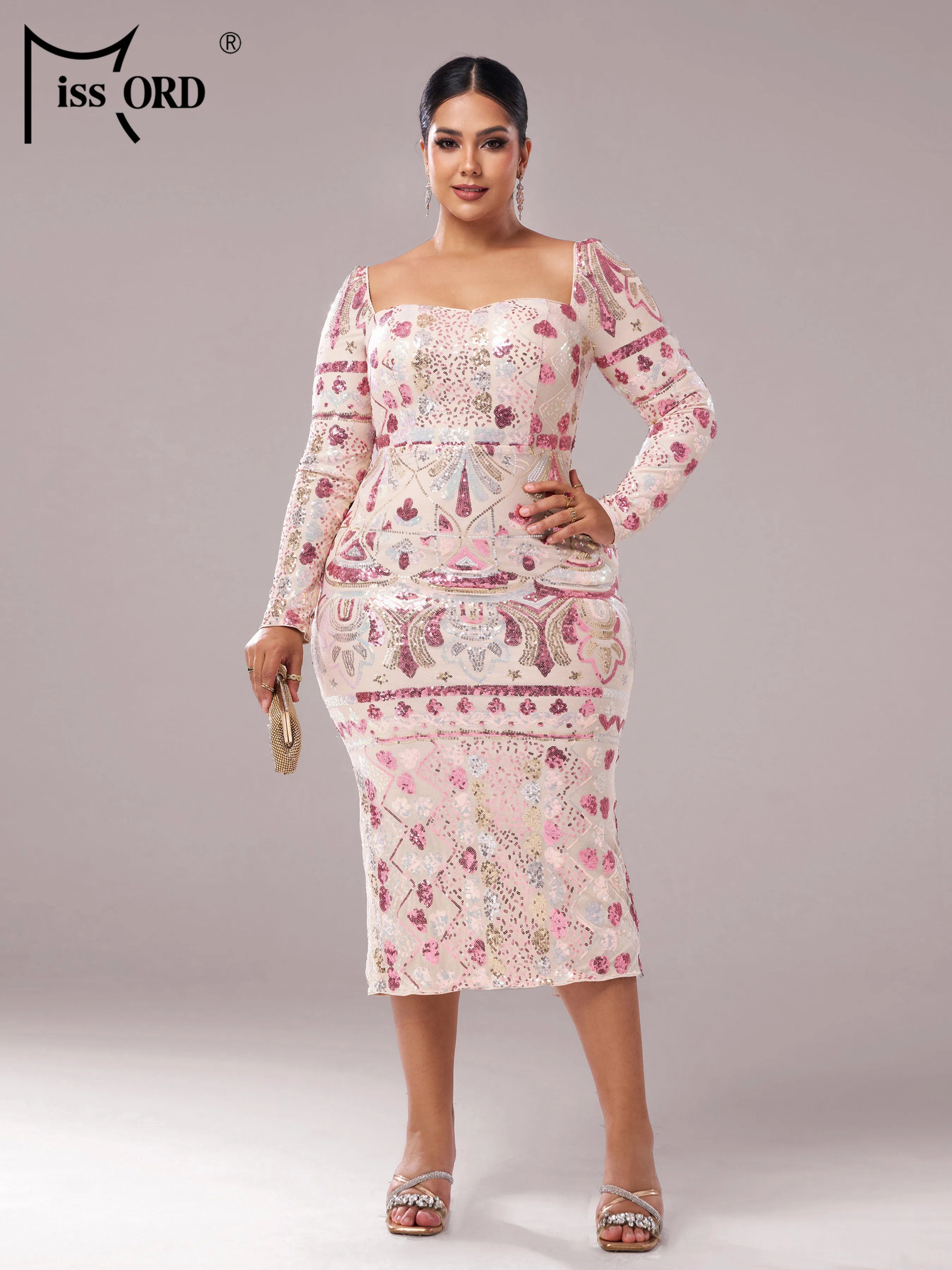 FZ Women's Plus Size Square Neck Geometric Sequin Mid Length Evening Dress