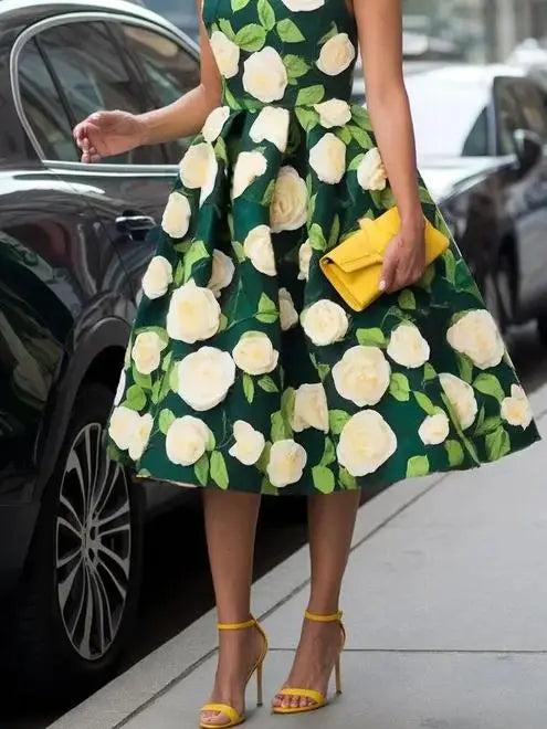 FZ Women's Flower Print Pleated Loose Sleeveless A-line Sundress