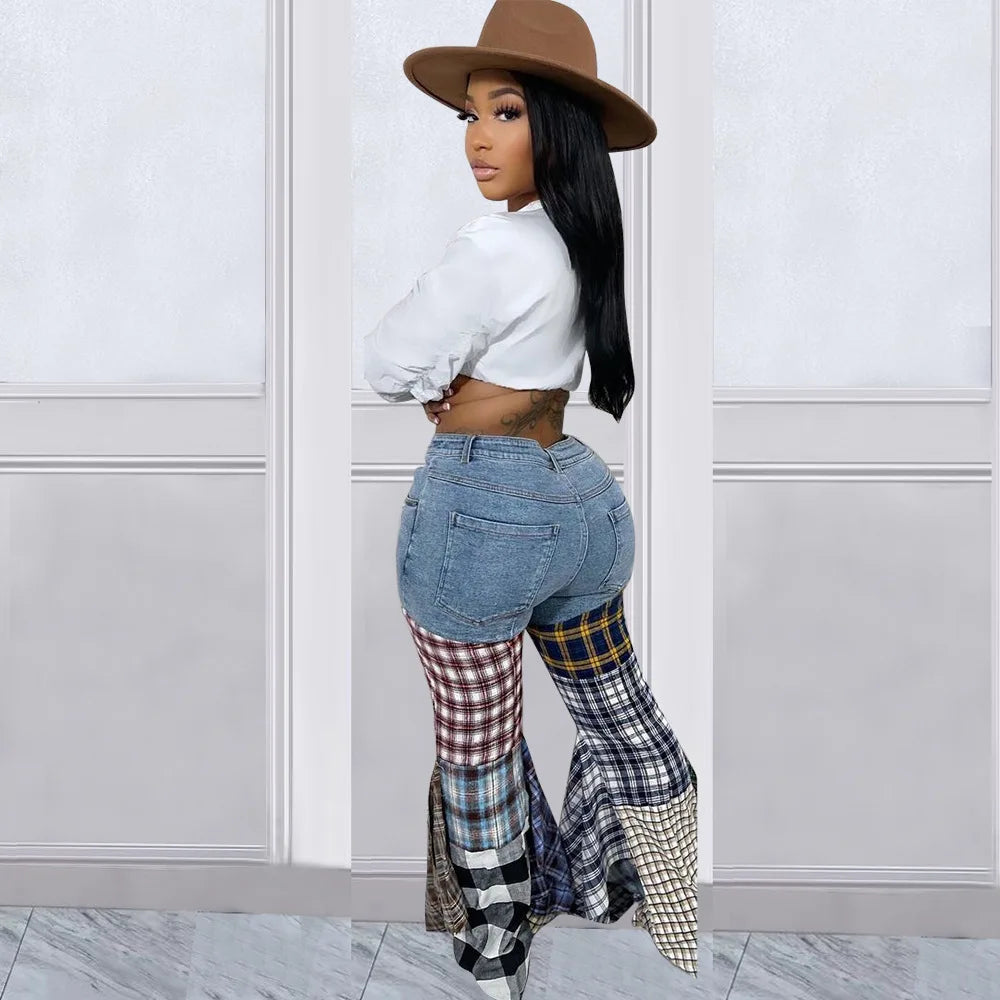 FZ Women's Ruffle Plaid Patchwork Hight Waist Skinny Flare Pleated Denim Pants - FZwear