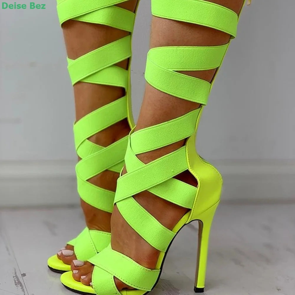 FZ Women's Mid-Calf Cross-tied Zipper Stretch Fabric Solid Peep Toe Shoes - FZwear