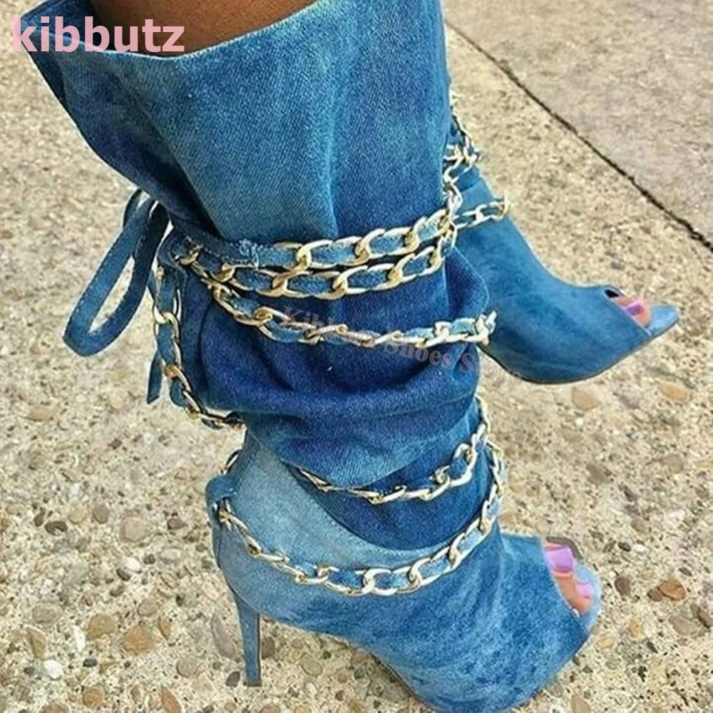 FZ Women's Metal Chain Cross Strap Open Toe Thin Heel Slip-On Denim Shoes