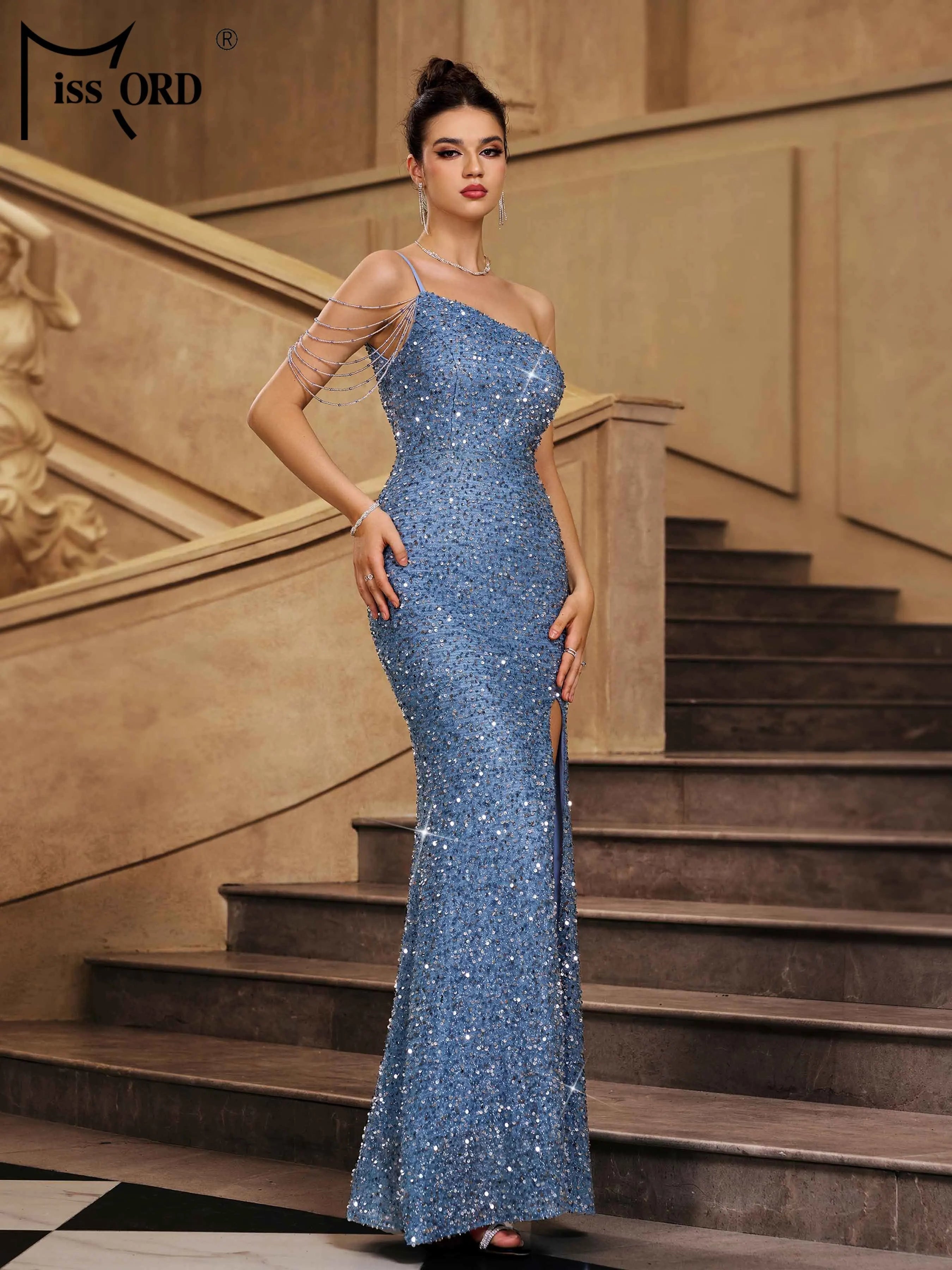 FZ Women's Asymmetrical Sequin Maxi Evening Dress