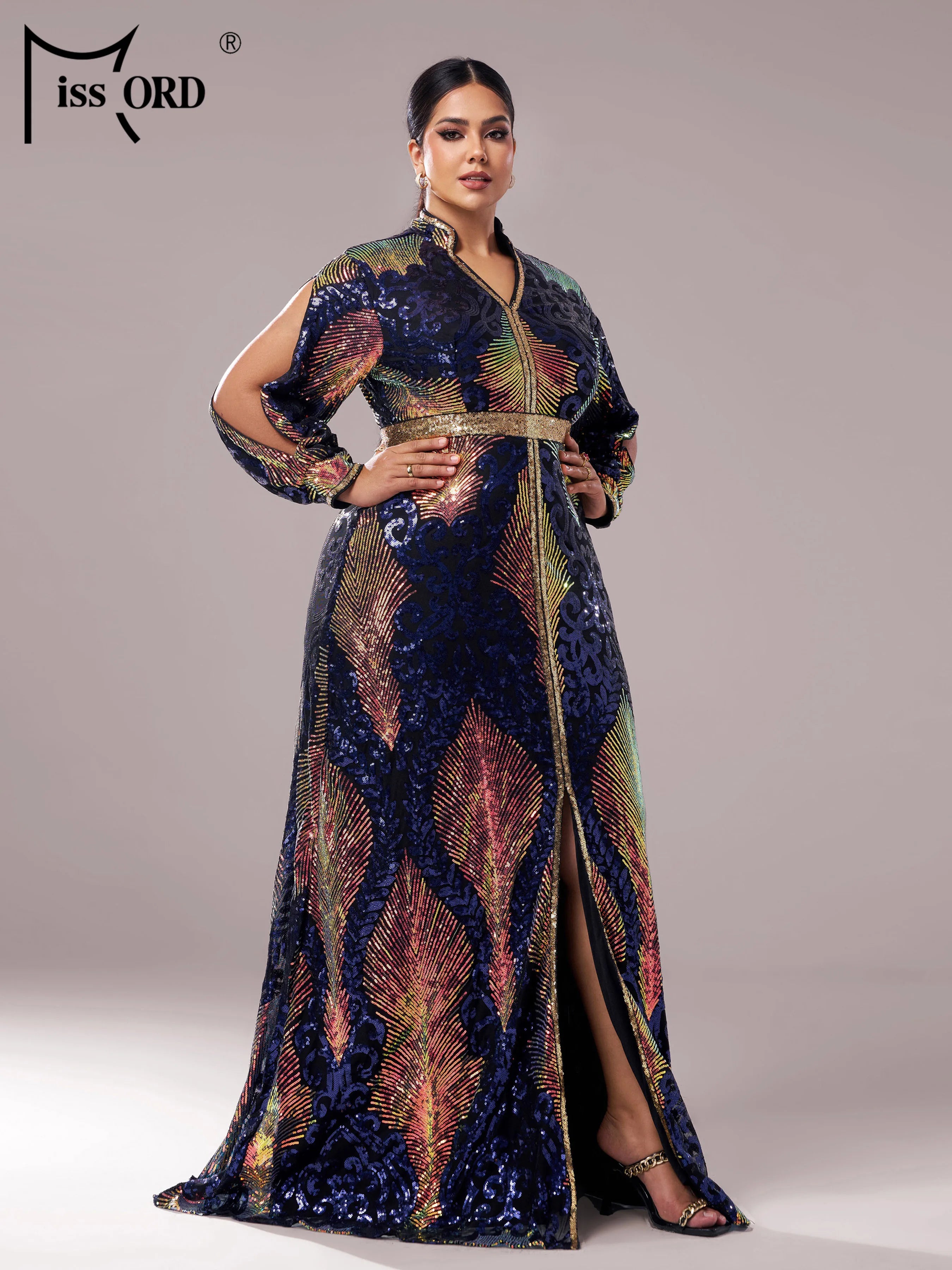 FZ Women's Plus Size V Neck A Line Sequin Evening Dress