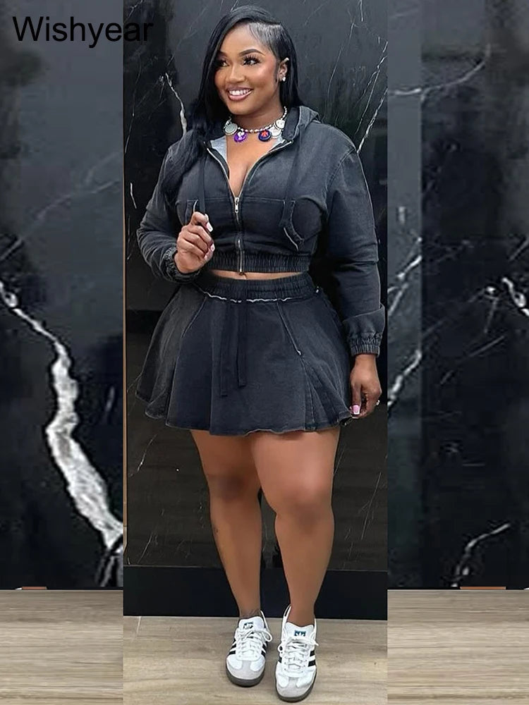 FZ Women's Long Sleeve Hooded Pleated Vintage Wash 2 Piece Denim Skirt Suit