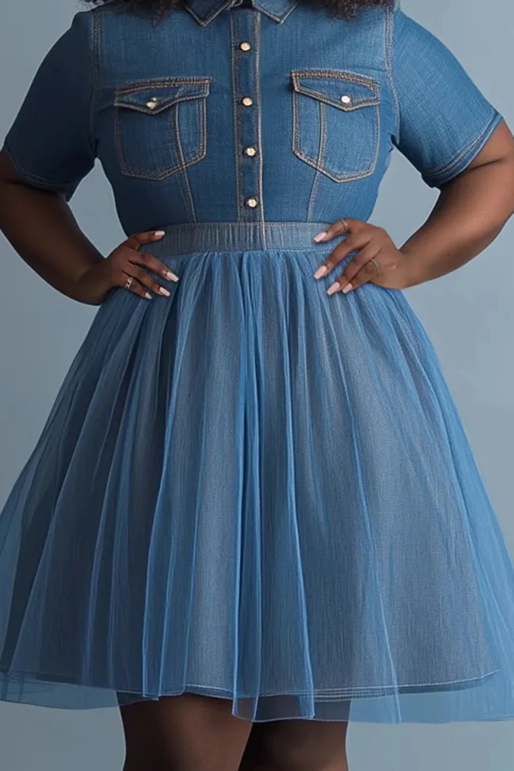 FZ Women's Plus Size Shirt Collar Short Sleeve Contrast Tulle Denim Dress