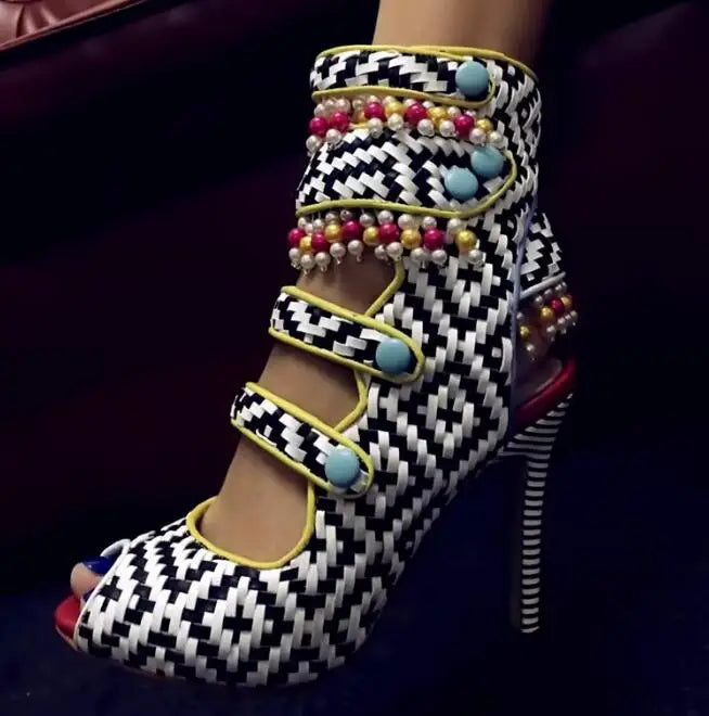 FZ Women's Geometric braided Leather Peep Toe Beading High Heels Shoes