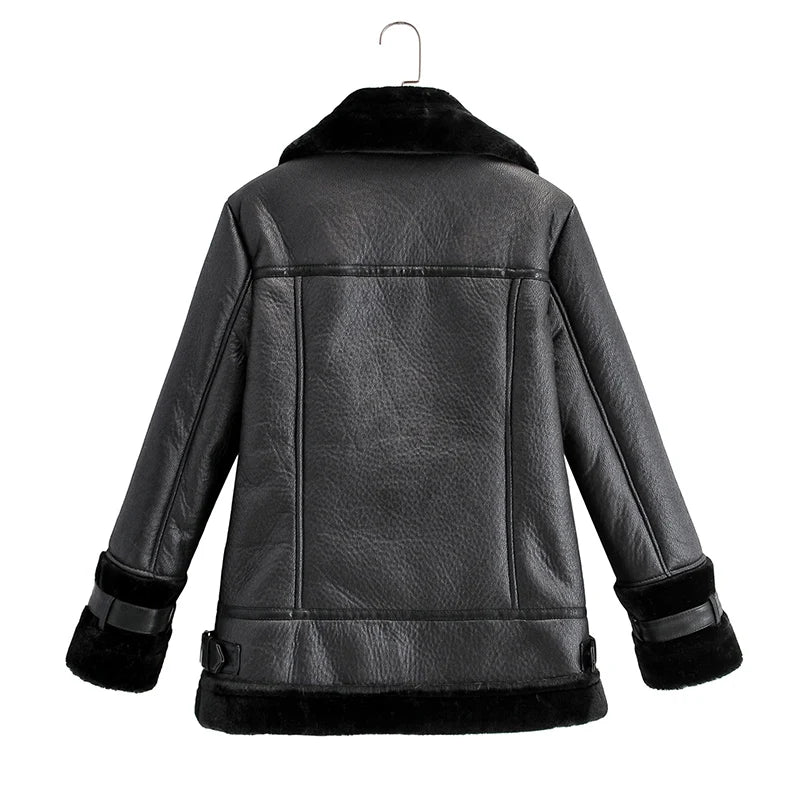 FZ Women's Thick Coat Pu Faux Soft Leather Black White Sheepskin Fur Jacket - FZwear