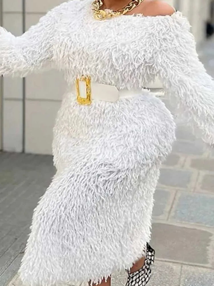 FZ Women's Long Sleeve Off Shoulder Faux Fur Winter Evening Dress