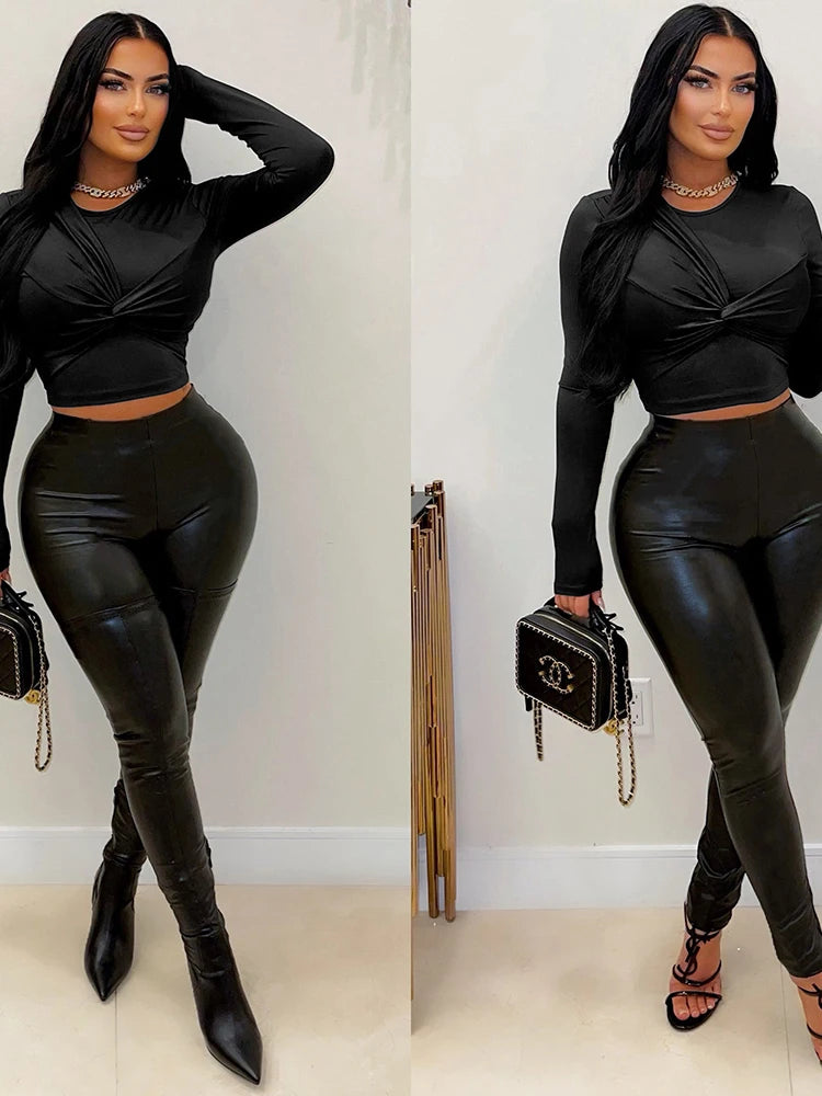 FZ Women's Cross Ruched Faux Leather Stretch Leggings 2 Piece Pants Suit