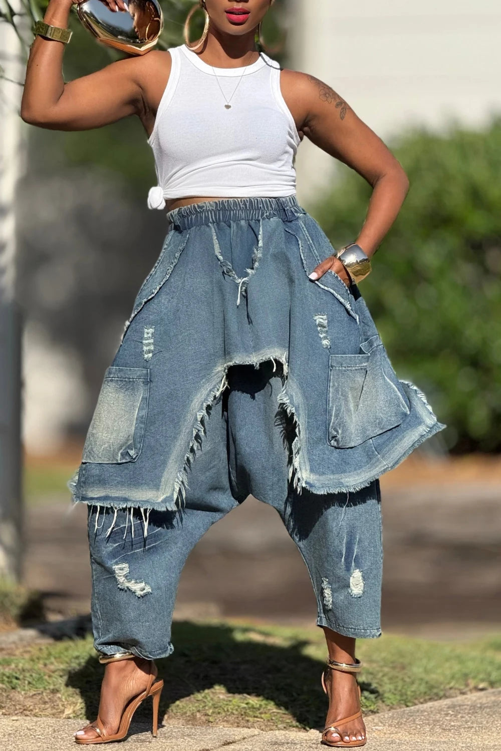 FZ Women's Plus Size Casual Contrast Pocket Denim Pants