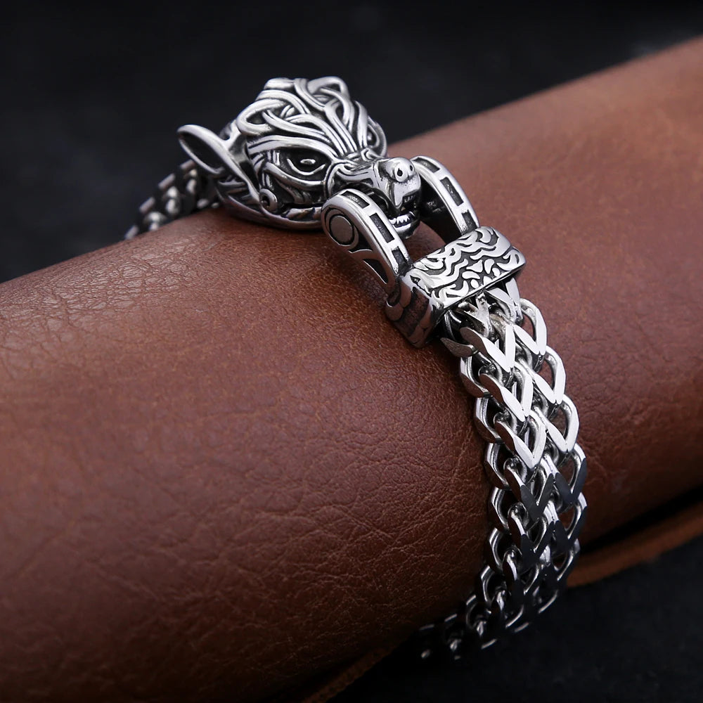 FZ Vintage Viking Stainless Steel Cool Biker Wolf Head Bracelet