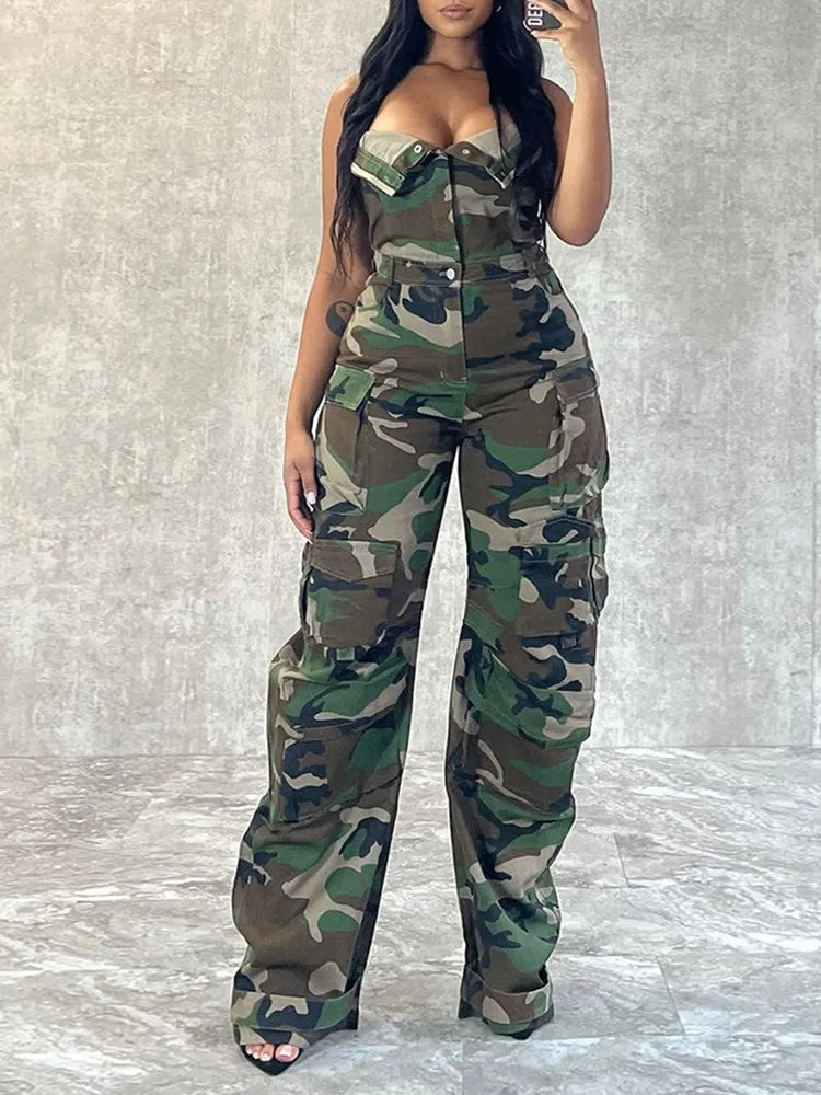 FZ Women's Camouflage Cargo Strapless High Waist Spliced Pockets Jumpsuit - FZwear