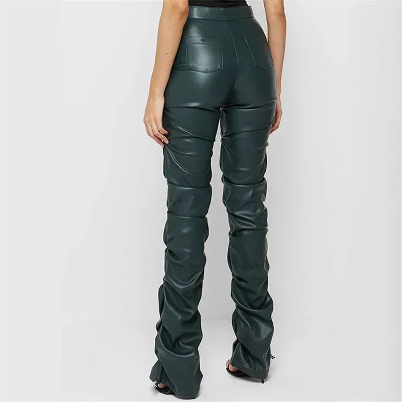 FZ Women's Pleated High Waist Skinny Vintage Soft PU Leather Pants