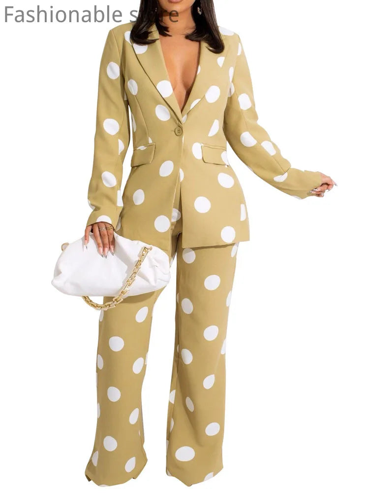 FZ Women's One Button Dot Print High Waist Straight Pants Suit