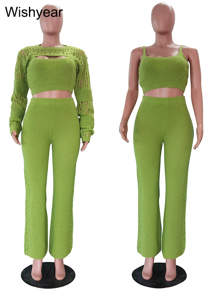 FZ Women's Hollow Out Skinny Long Sleeve Streetwear Knitted 3 Piece Pants Suits